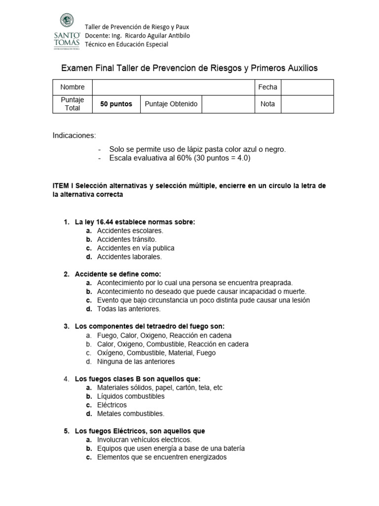 Examen de Prevención y Primeros Auxilios | PDF