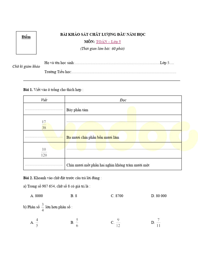 De Khao Sat Chat Luong Dau Nam Mon Toan Lop 5 Pdf
