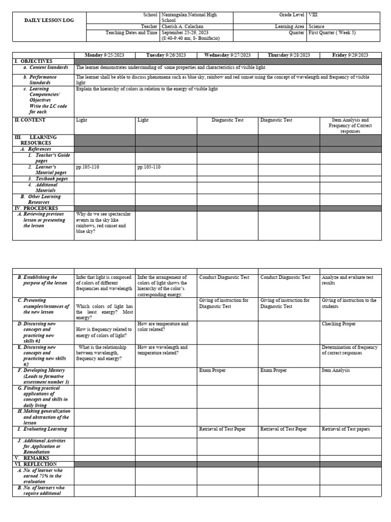 Grade VIII Science Lesson Plan: Light | PDF