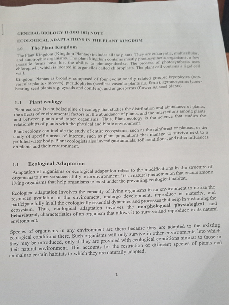 BIO 102 Ecological Adaption | PDF