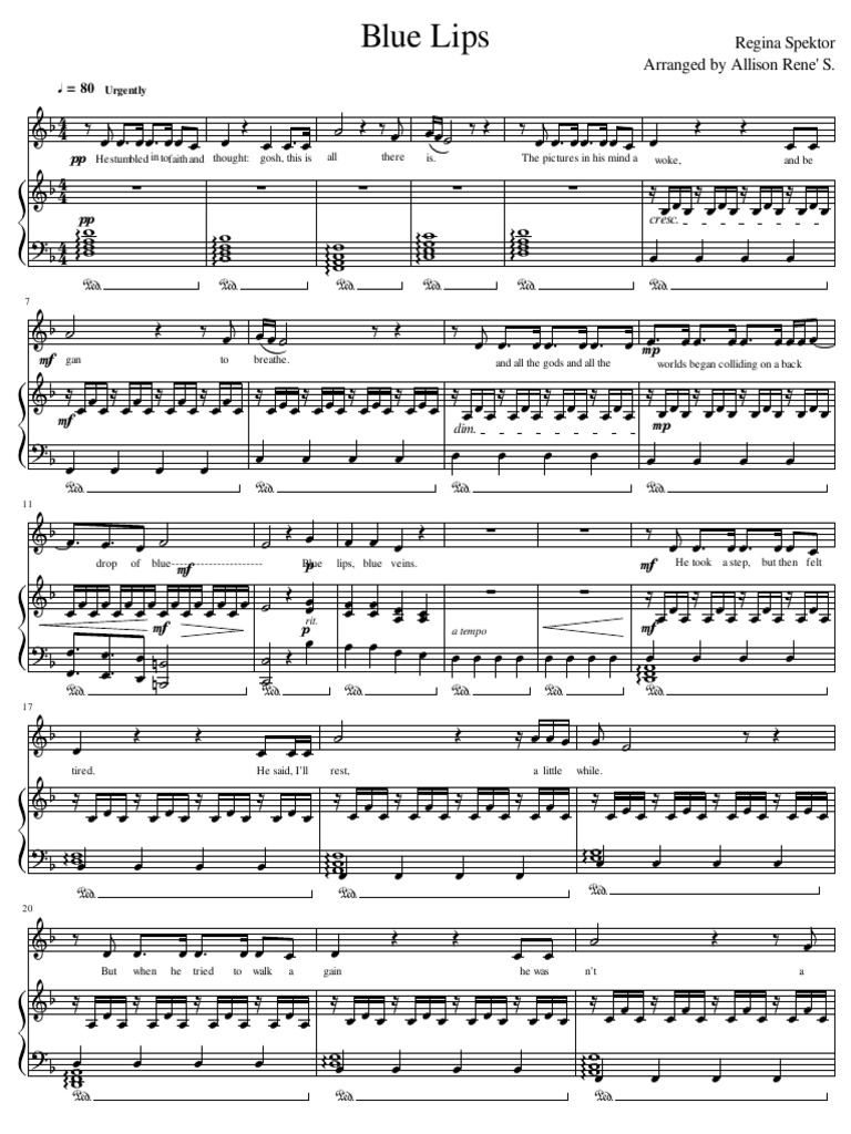 Blue Lips Regina Spektor Arranged by Allison Rene' S PDF