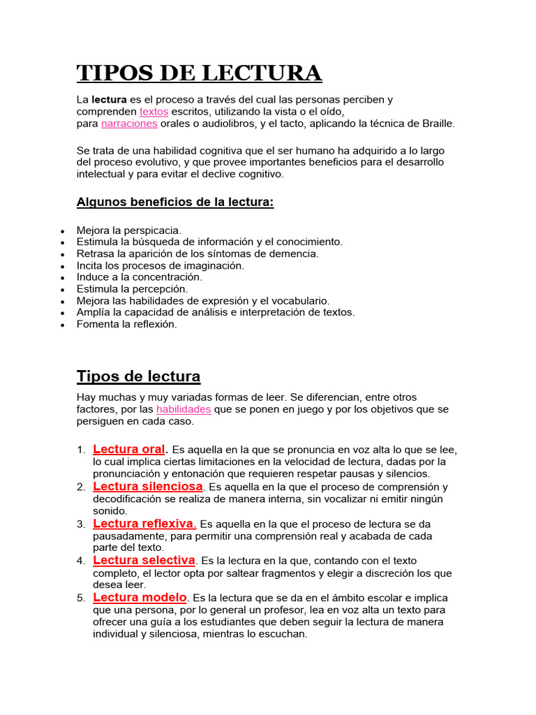 Tipos de Lectura y sus Beneficios | PDF | Artes del Lenguaje y Comunicación