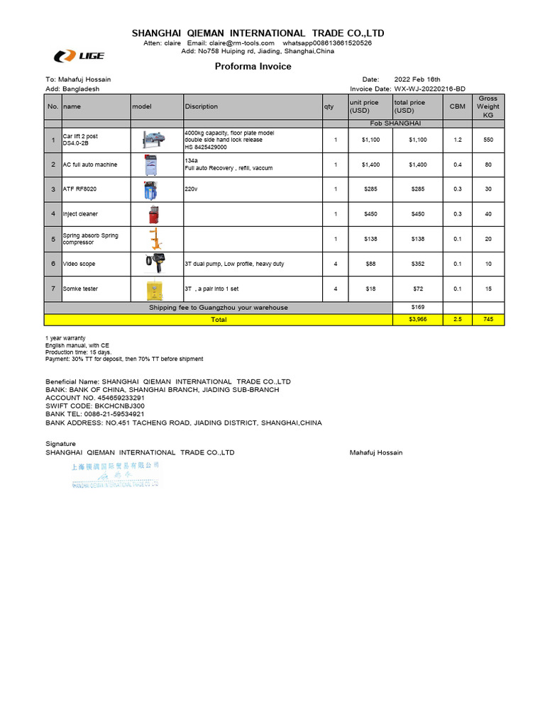Proforma Invoice from Shanghai Qiema | PDF