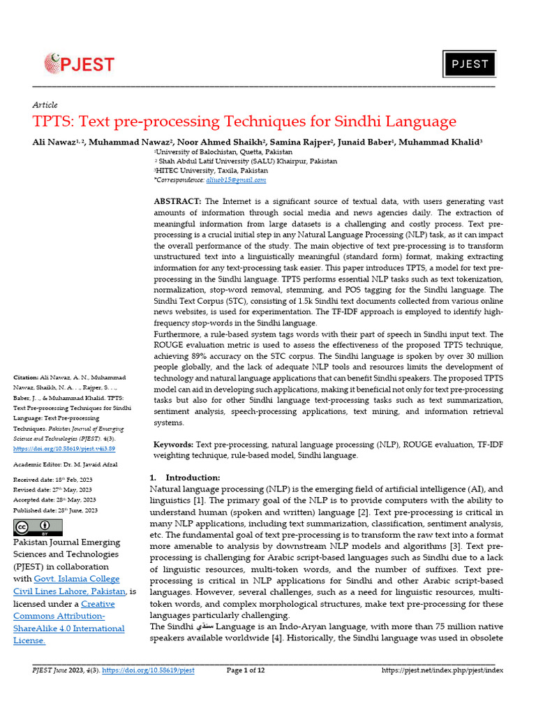 TPTS: Text Pre-Processing Techniques For Sindhi Language | PDF
