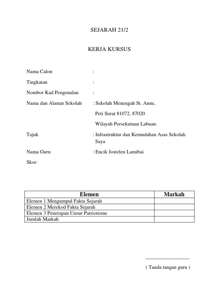 Muka Depan Sejarah Kerja Kursus Pdf