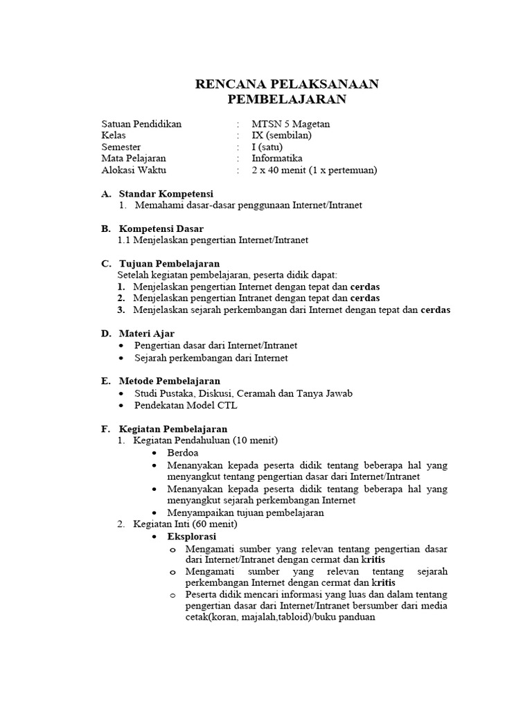 RPP Informatika Kelas 9: Internet & Intranet | PDF