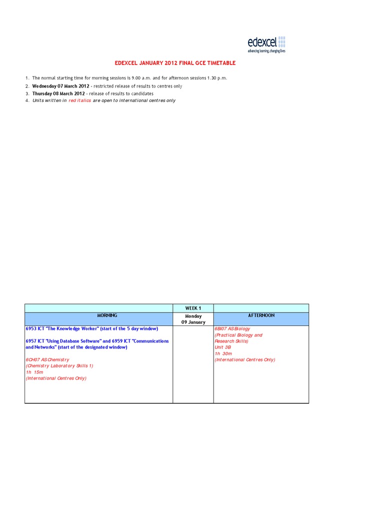 January 2012 Final GCE Timetable Printable Version | PDF