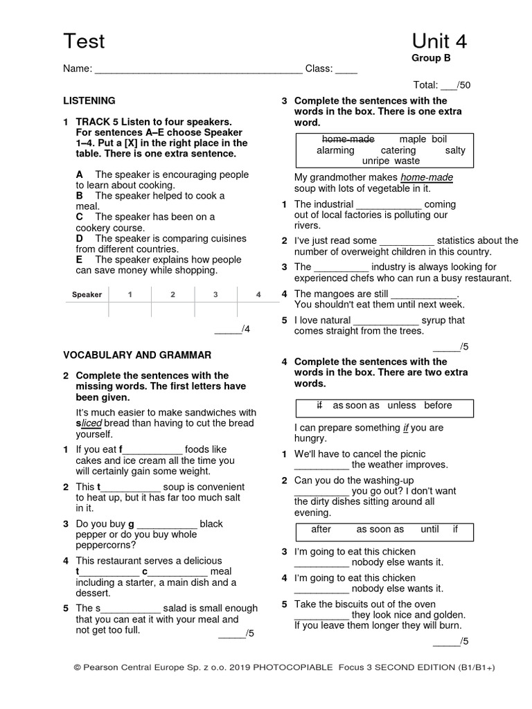 Focus 3 Unit 4 Test for Group B | PDF | Dieting | Obesity
