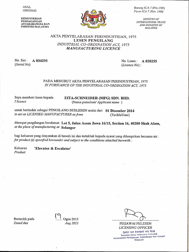 EITA-SCHNEIDER Manufacturing License (MITI) | PDF