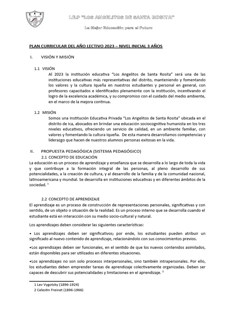 Plan Curricular Inicial 2023 | PDF | Aprendizaje | Plan de estudios