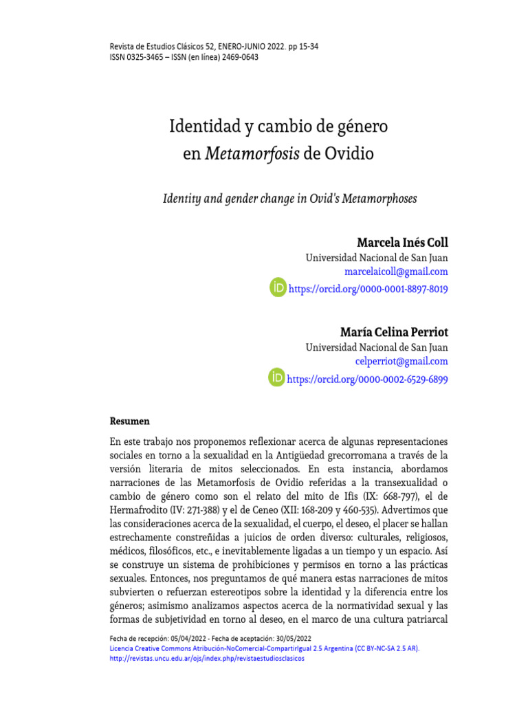 Identidad y Cambio de Género en Metamorfosis de Ovidio: Identity and ...