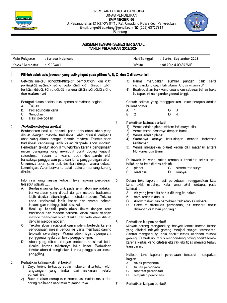 Soal PTS I Bhs Indonesia IX | PDF