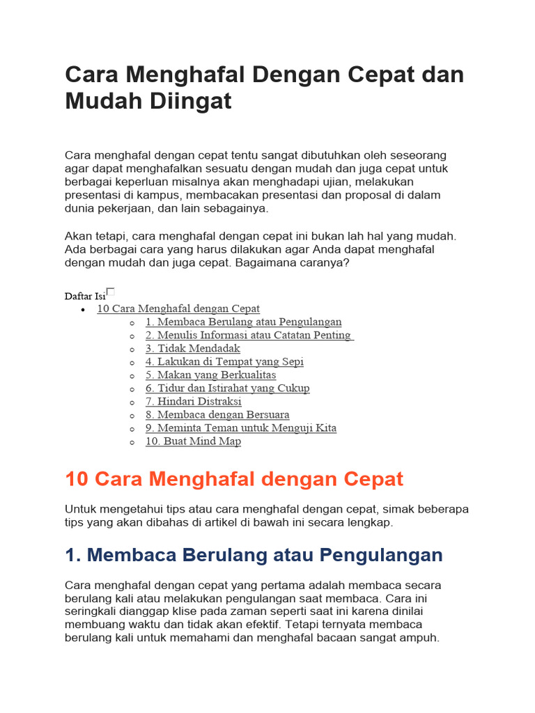 Cara Menghafal Dengan Cepat Dan Mudah Diingat | PDF