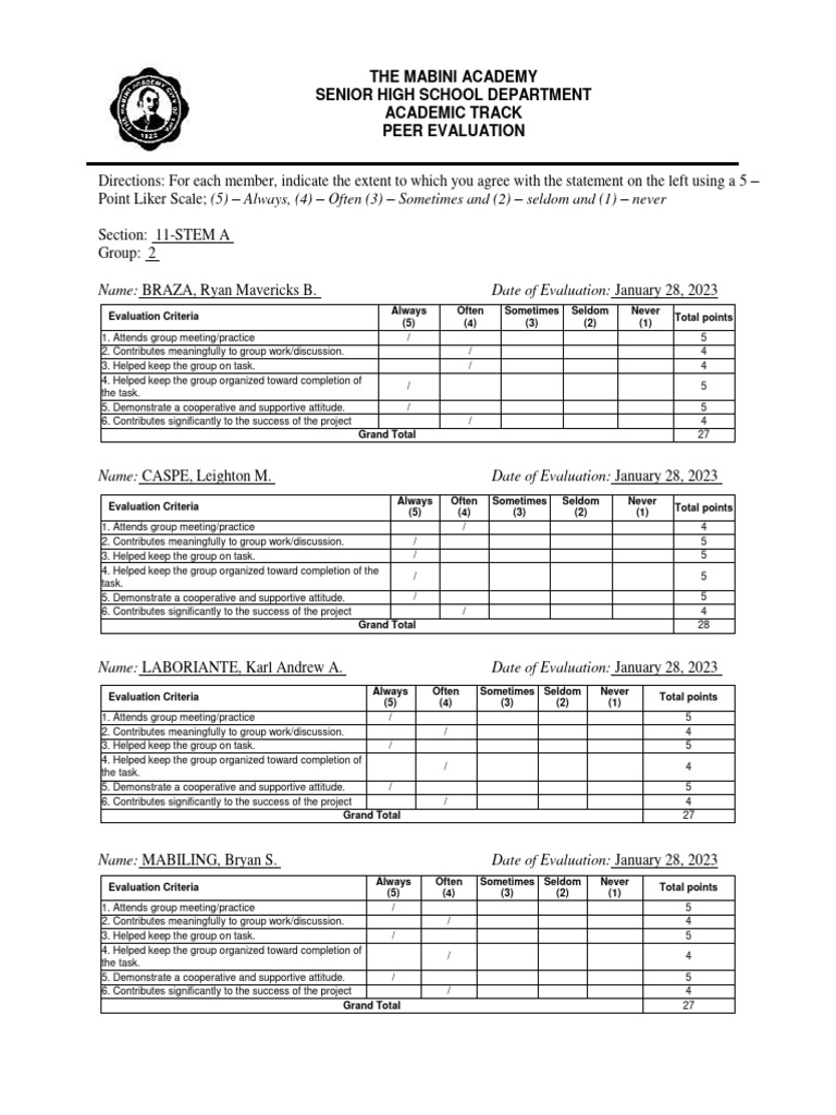 11 STEM A Group 2 Peer Evaluation Form | PDF