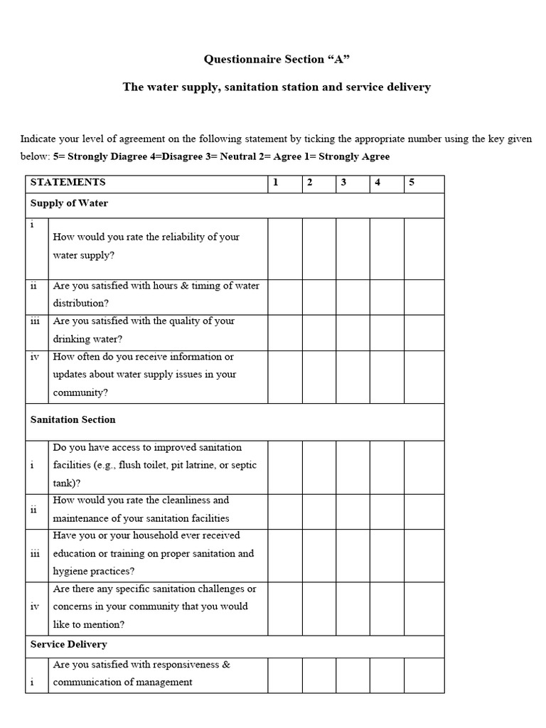 Questionnaire Section "A" The Water Supply, Sanitation Station and Service Delivery PDF