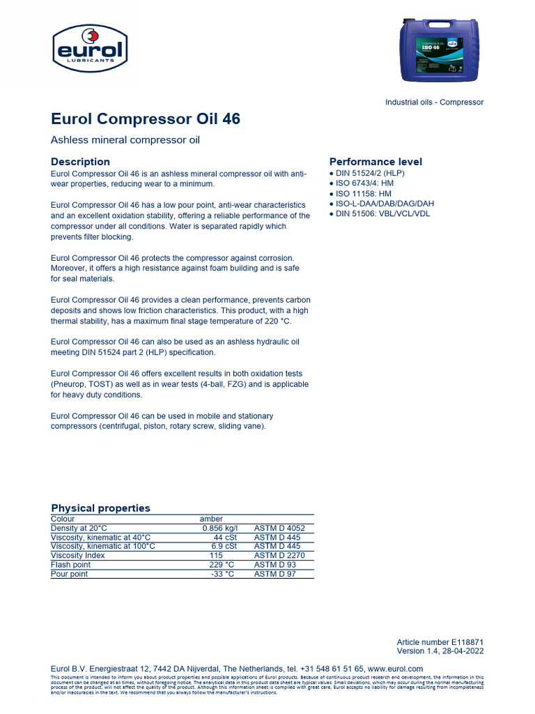 Eurol Compressor Oil 46 PDF