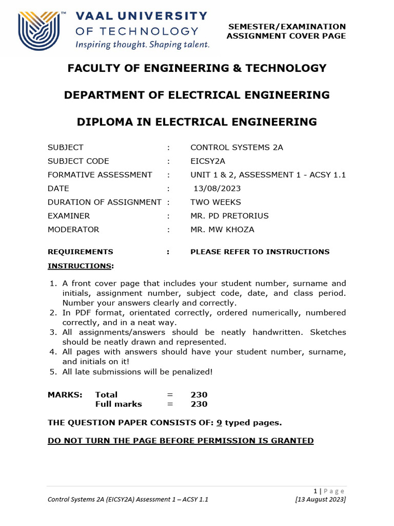 Control Systems 2A Assignment Cover | PDF | Teaching Methods & Materials
