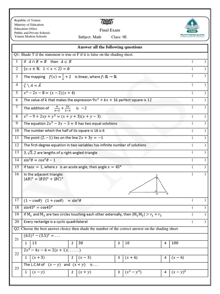 Grade 9 Math Final Exam Questions | PDF