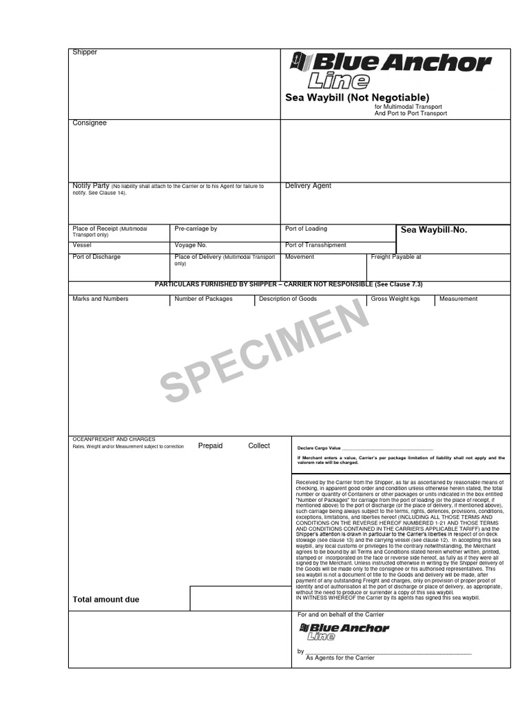 BAL Seawaybill Specimen | PDF | Cargo | Common Carrier