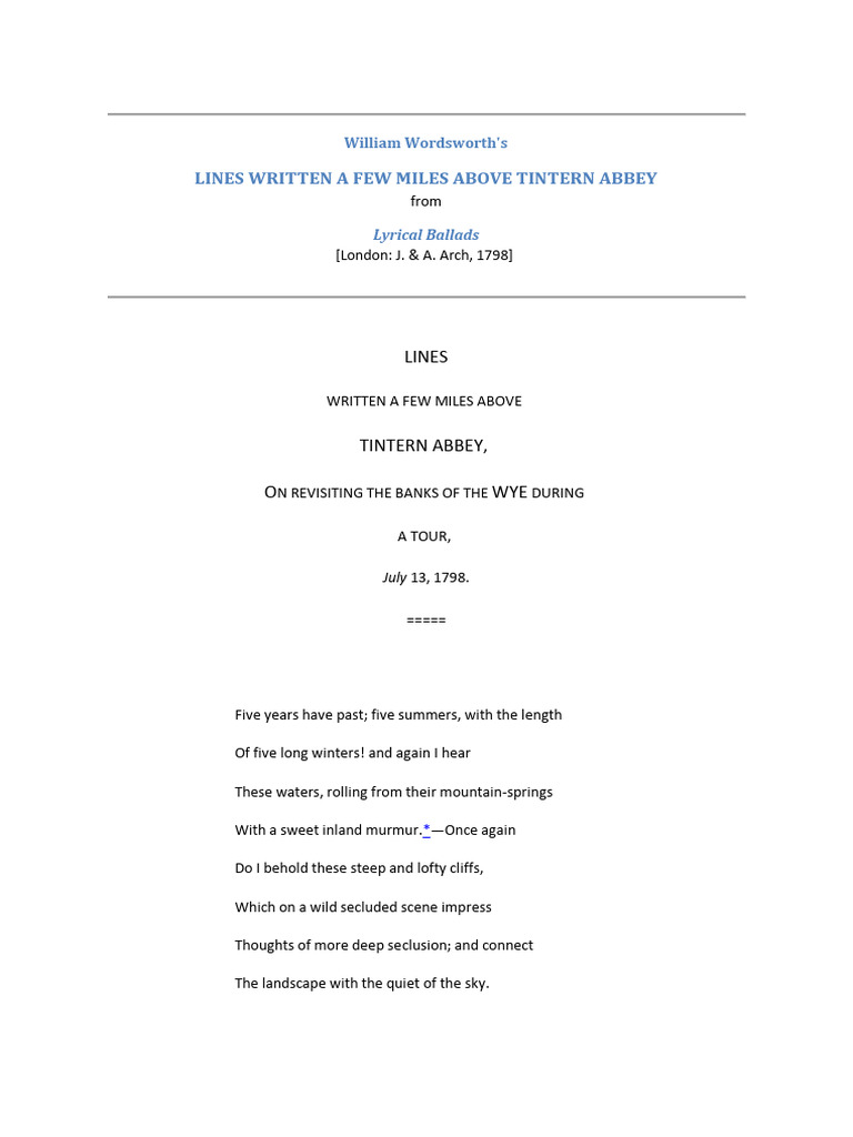 Wordsworth's Tintern Abbey Analysis | PDF