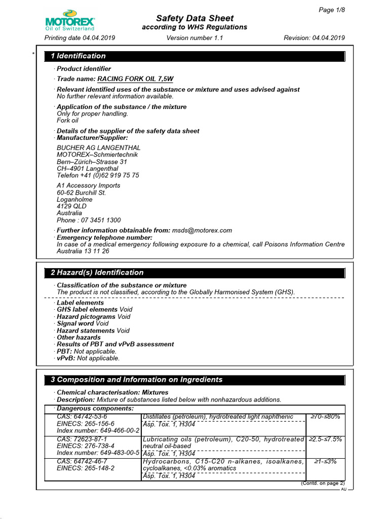 Motorex.MSDS.RacingForkOil.7.5W.AU PDF Chemistry Physical Sciences