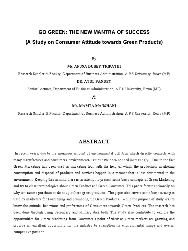 Go Green: The New Mantra of Success (A Study On Consumer Attitude ...