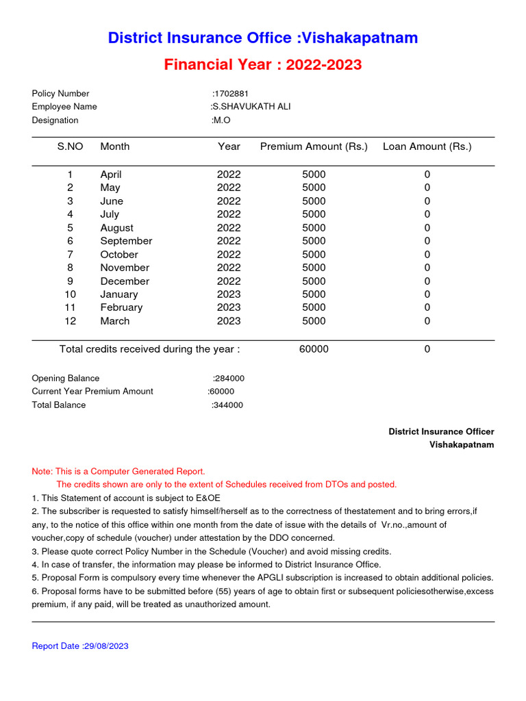 Annual Account Slip PDF Insurance Personal Finance