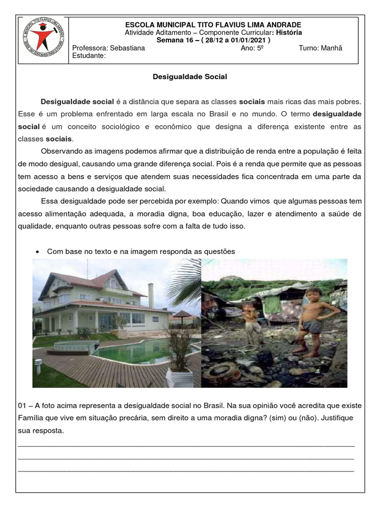 Desigualdade Social: Texto e Atividades 5º Ano | PDF | Bem-estar