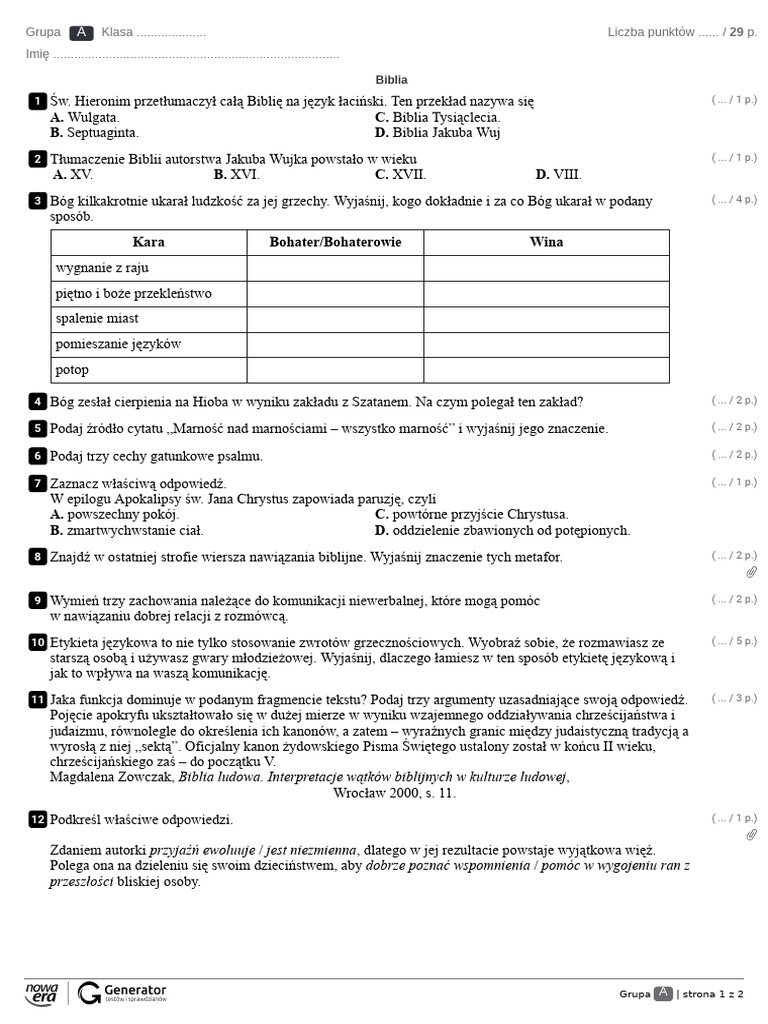Sprawdzian Z Biblii Język Polski 1 Technikum Biblia Test (Z Widoczną Punktacją) | PDF
