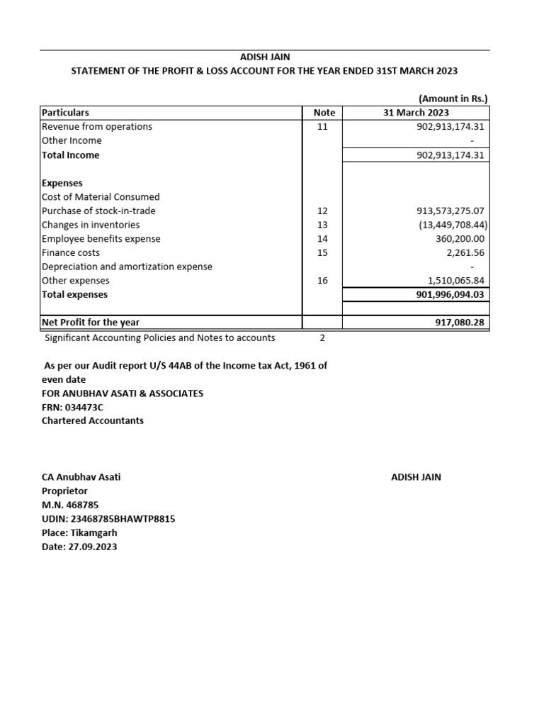 Profit & Loss Statement FY 2023 | PDF