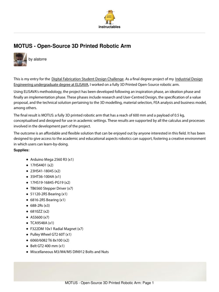 MOTUS Open Source 3D Printed Robotic Arm | PDF | Bearing (Mechanical ...