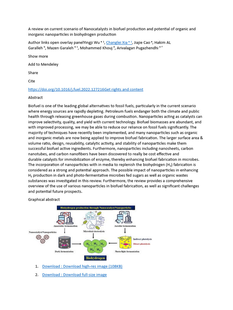 Nanoparticles in Biofuel and Biohydrogen Production | PDF | Biofuel ...