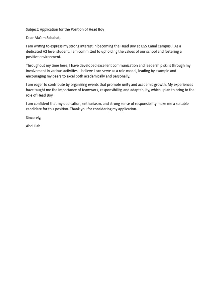 Application For Head Boy PDF