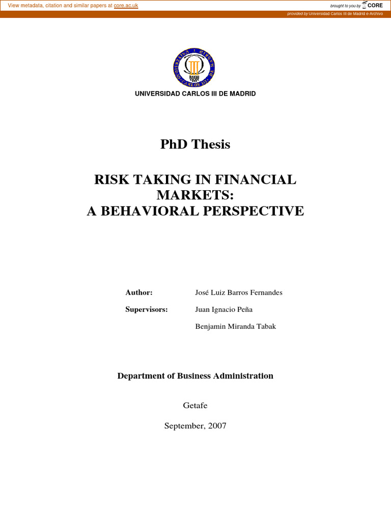 PHD Thesis Risk Taking in Financial Markets: A Behavioral Perspective ...