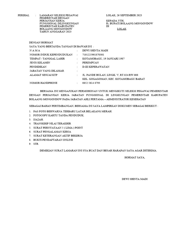 Surat Lamaran Untuk Tenaga Kesehatan | PDF