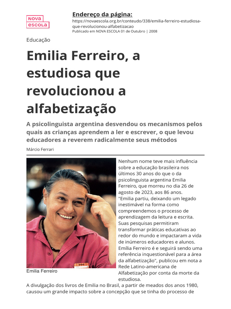 Emilia Ferreiro A Estudiosa Que Revolucionou A Alfabetizacao | PDF