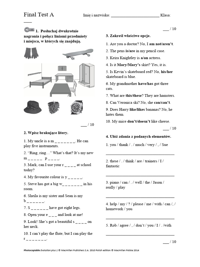 Evolution Plus 1 Final Test A | PDF
