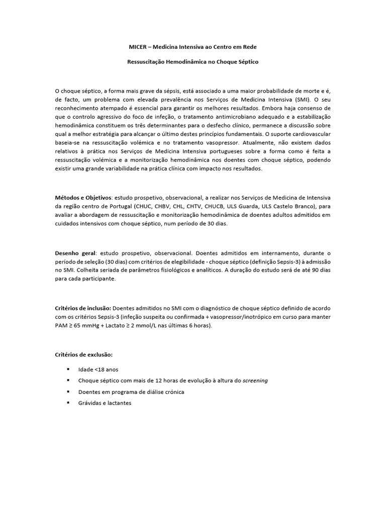 MICER Ressuscitação Hemodinâmica no Choque Séptico PDF