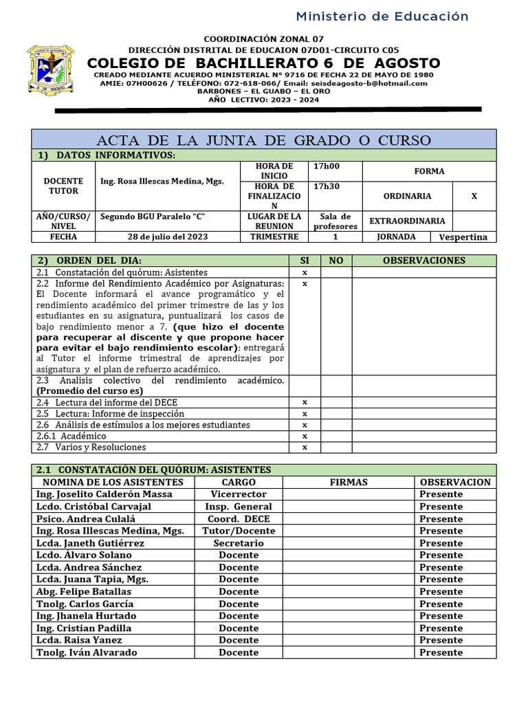 Acta de Inicio Año Escolar 2023-2024 | PDF