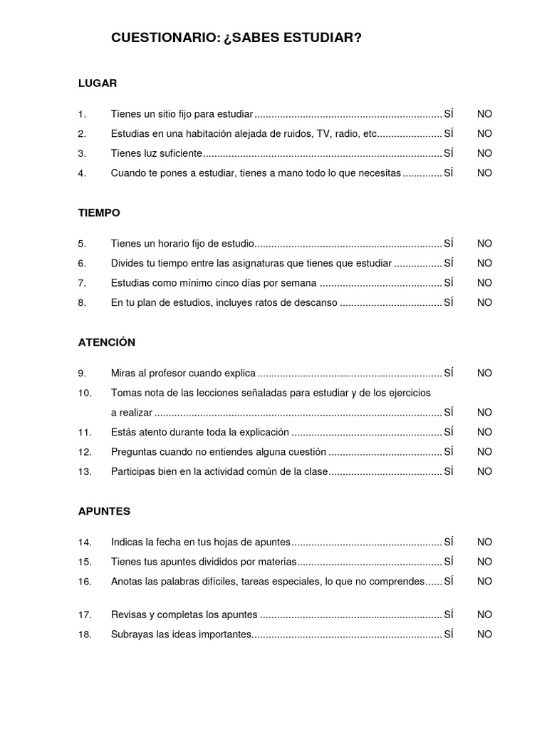 Cuestionario para Evaluar Hábitos de Estudio | PDF | Crecimiento ...