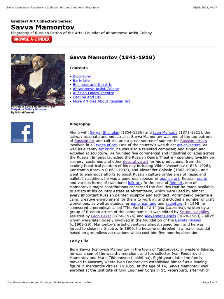 Savva Mamontov: Russian Art Collector, Patron of The Arts: Biography | PDF