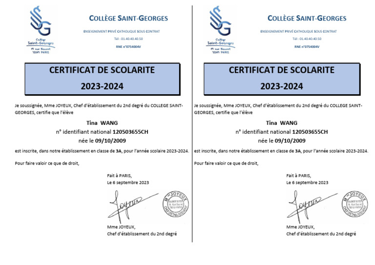 Certificat de Scolarite College 4 | PDF