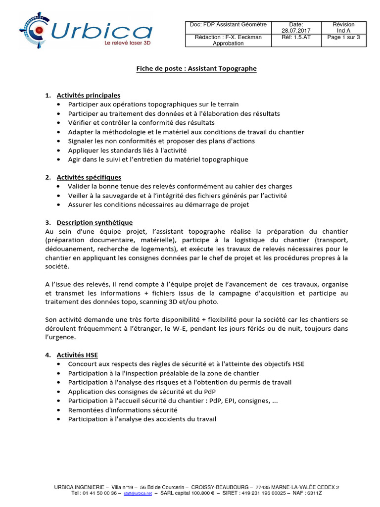 Fiche de Poste : Assistant Topographe | PDF