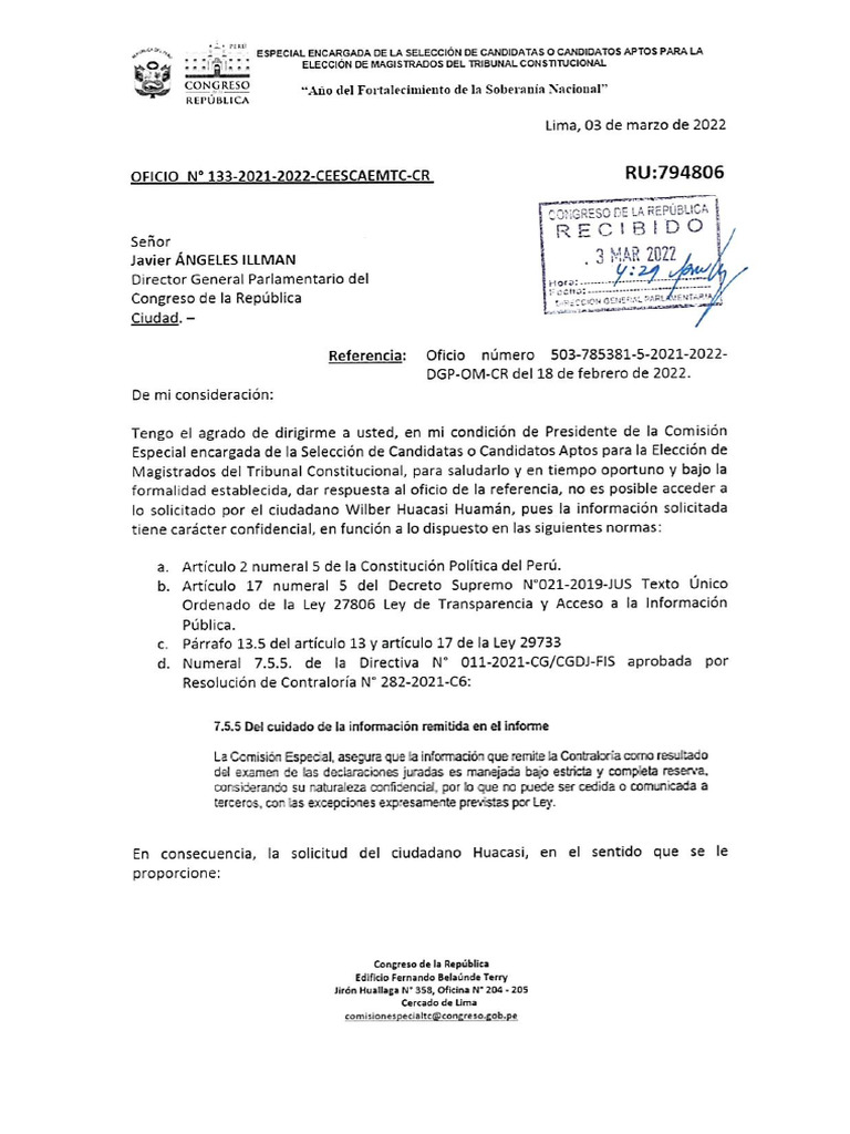 Oficio 133 - José Balcazar (denegatoria de acceso a información pública ...
