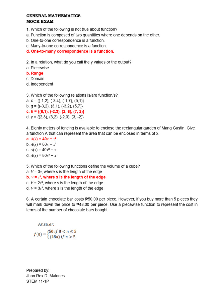 General Mathematics Mock Test Reviewer | PDF | Asymptote | Function ...