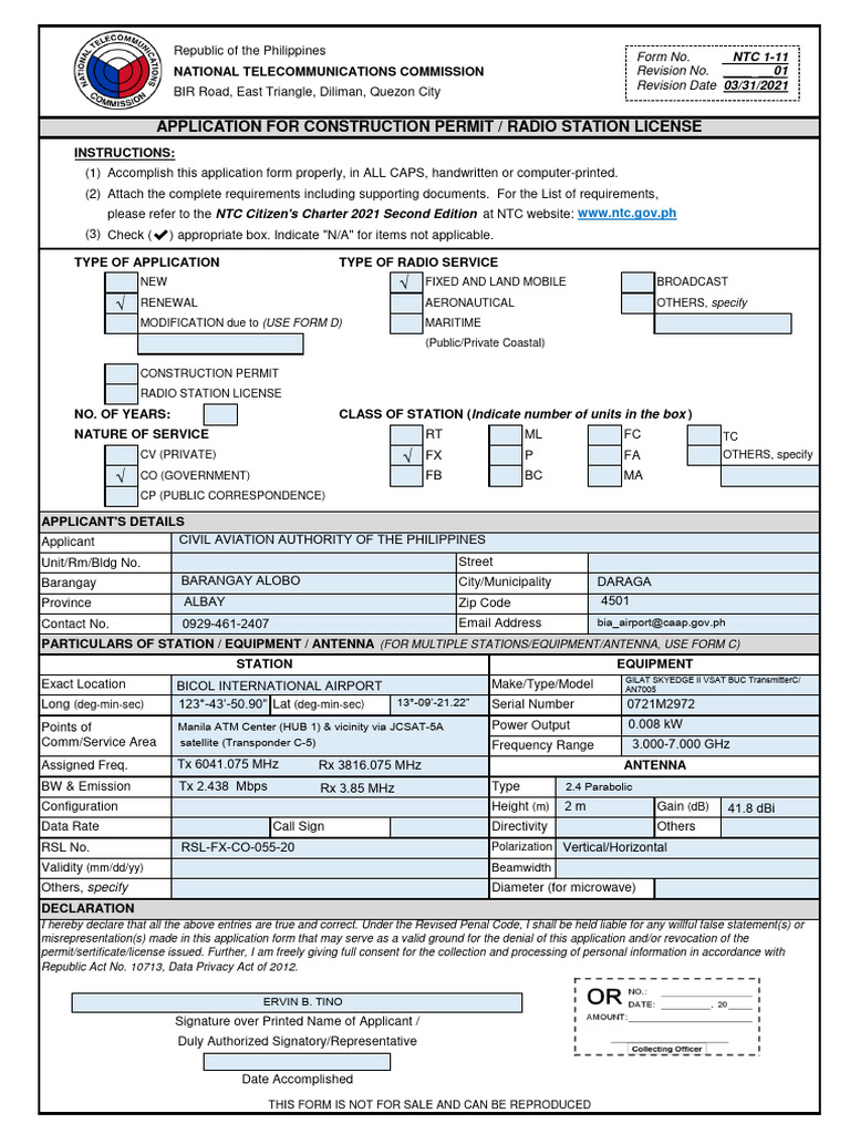 Form No. NTC 1 11 APPLICATION FOR CONSTRUCTION PERMIT RADIO STATION
