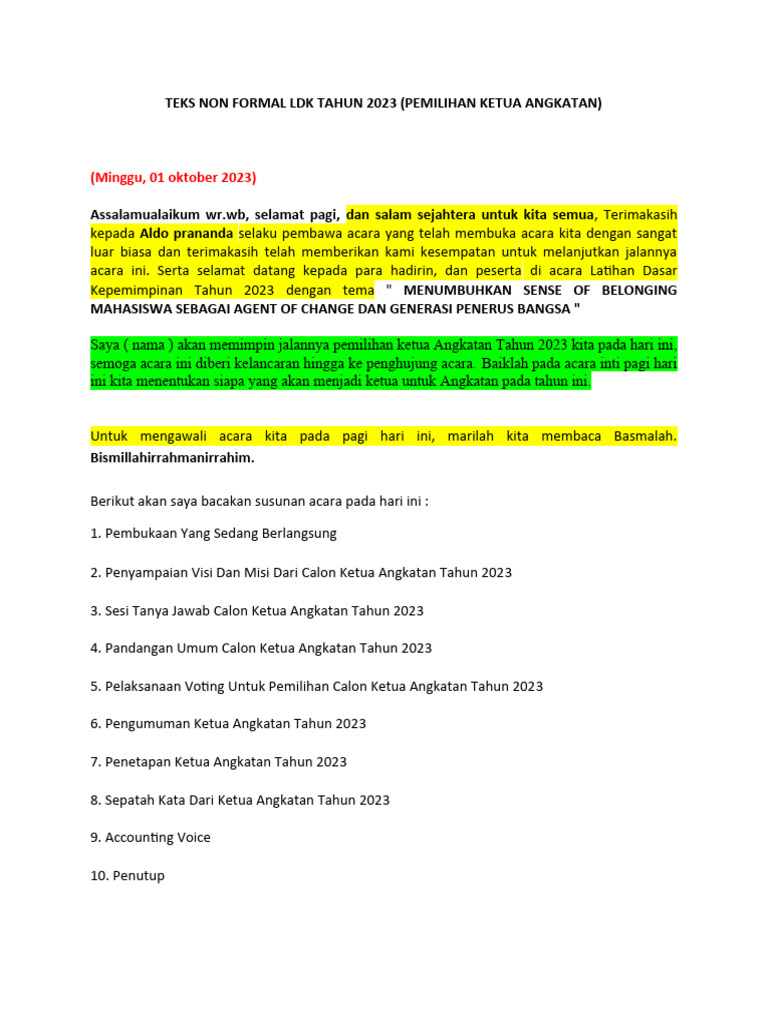 Teks MC Non Formal Latihan Dasar Kepemimpinan Tahun 2022 | PDF
