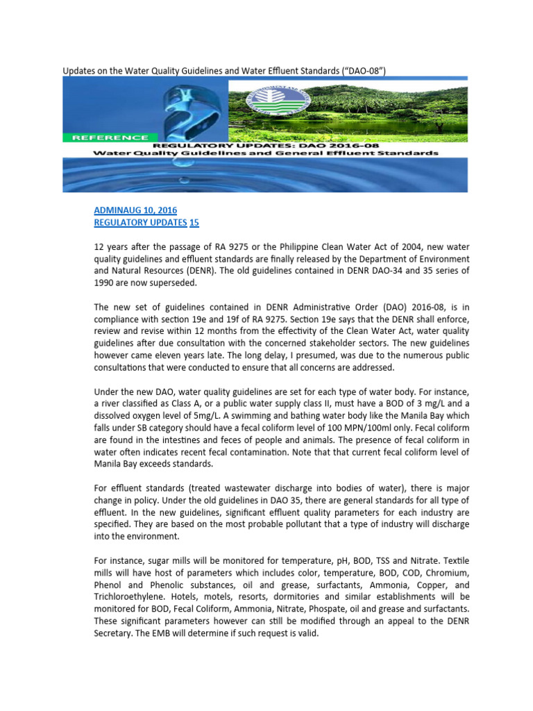 Updates On The Water Quality Guidelines and Water Effluent Standards