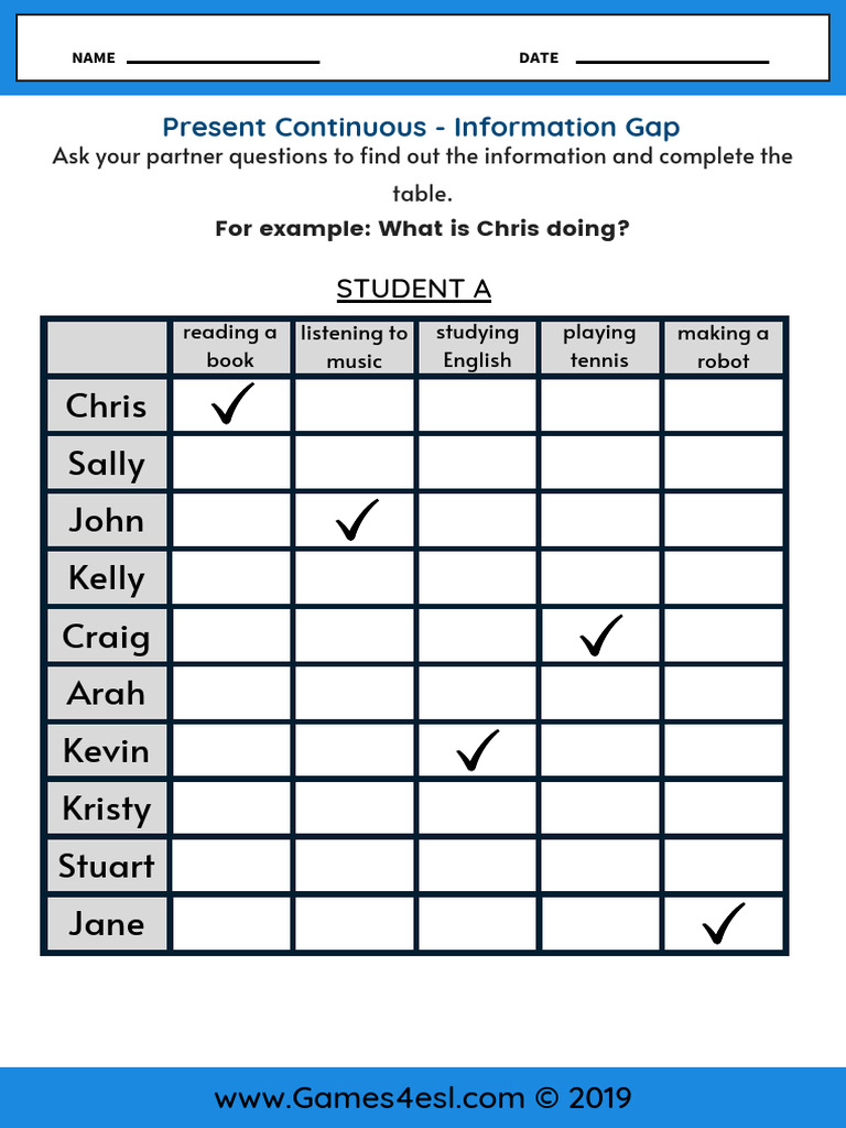 Present Continuous Information Gap Activity | PDF