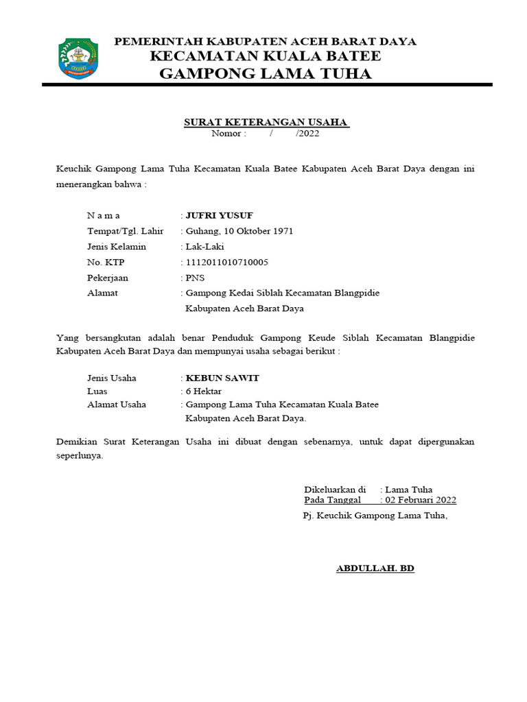 Contoh Surat Keterangan Usaha Desa Lama Tuha Pdf